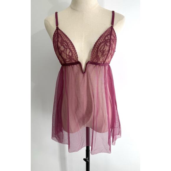 Victoria’s Secret Other - Victoria’s Secret Sheer Lace Babydoll Lingerie Raspberry Size M Strappy Nightie